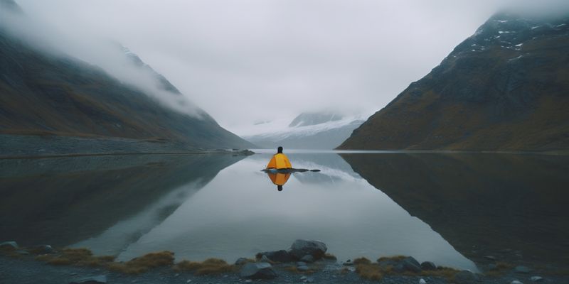travel man cape hiking freedom mountain lake nature back yellow water. Generative AI.
