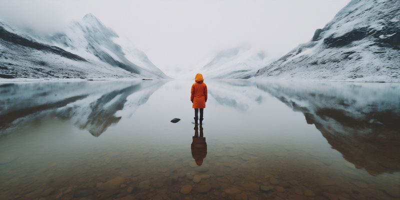 man mountain yellow hiking water nature cape lake concept travel back background. Generative AI.