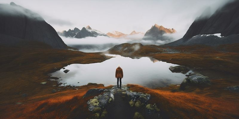 man water lake yellow summer back cape hiking travel mountain nature. Generative AI.