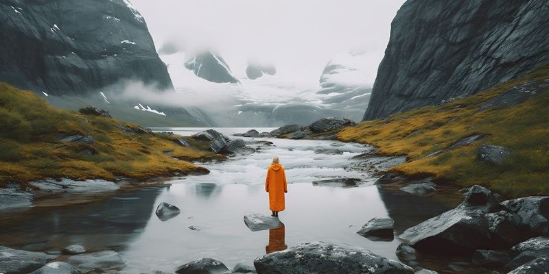 yellow man mountain lake back water nature hiking cape rock travel. Generative AI.