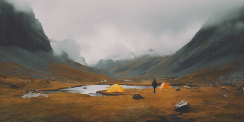 man hill hiking lake mountain back cape water yellow travel nature. Generative AI.