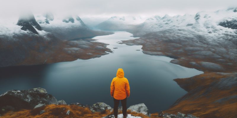 back man cape mountain landscape lake travel hiking yellow nature water. Generative AI.