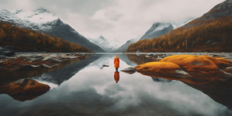 man back sky lake hiking water travel nature yellow cape mountain. Generative AI.