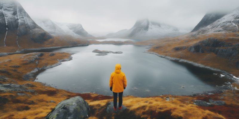 man back travel water mountain cape hiking nature lake yellow happy. Generative AI.