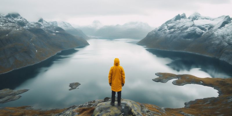 man mountain back landscape nature lake water yellow cape hiking travel. Generative AI.