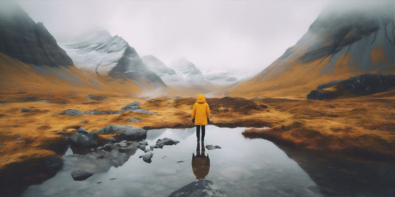 travel man back mountain yellow water nature lake hiking looking cape. Generative AI.