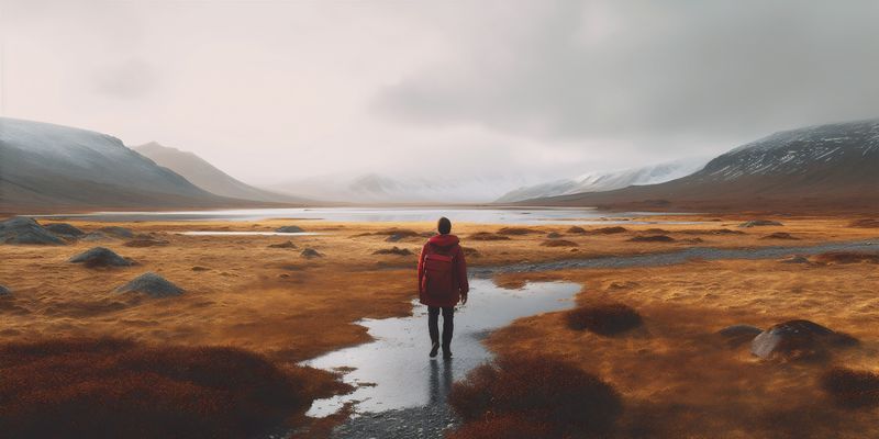 hiking man travel back cape nature mountain lake yellow water male. Generative AI.