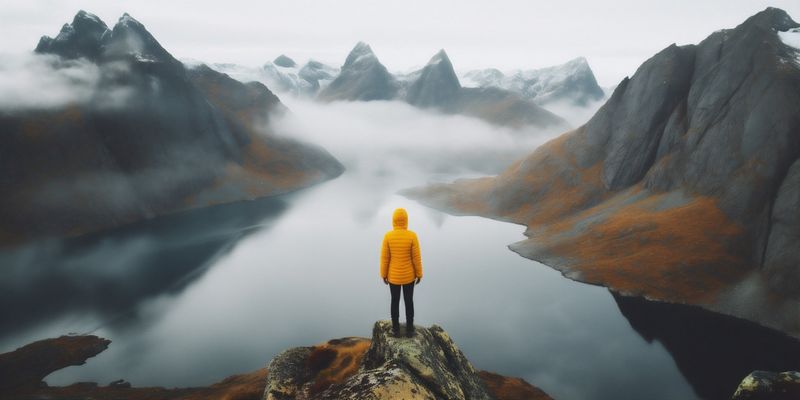 vacation man lake hiking back nature yellow cape water mountain travel. Generative AI.