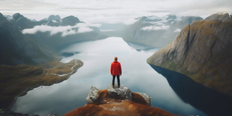 nature man water travel back hill yellow mountain cape hiking lake. Generative AI.