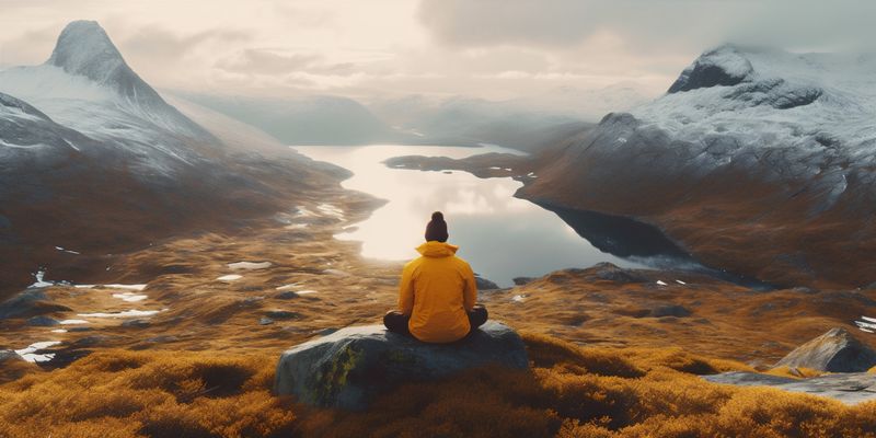 travel man mountain hiking back lake river cape water yellow nature. Generative AI.