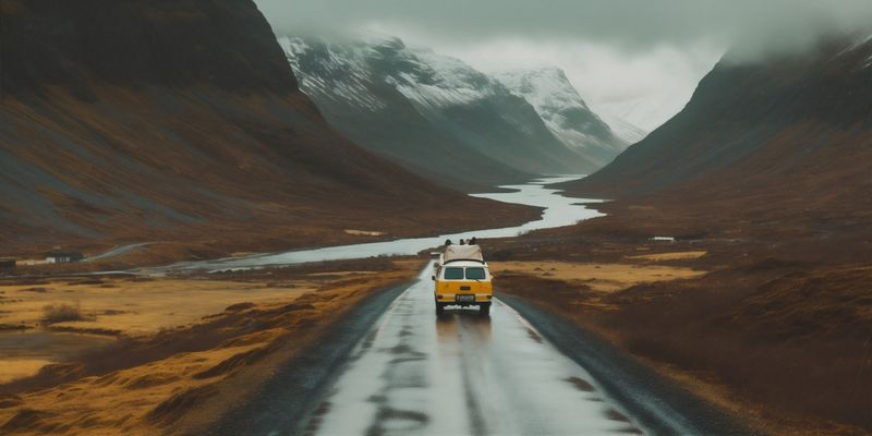 travel man mountain nature yellow young water lake hiking back cape. Generative AI.