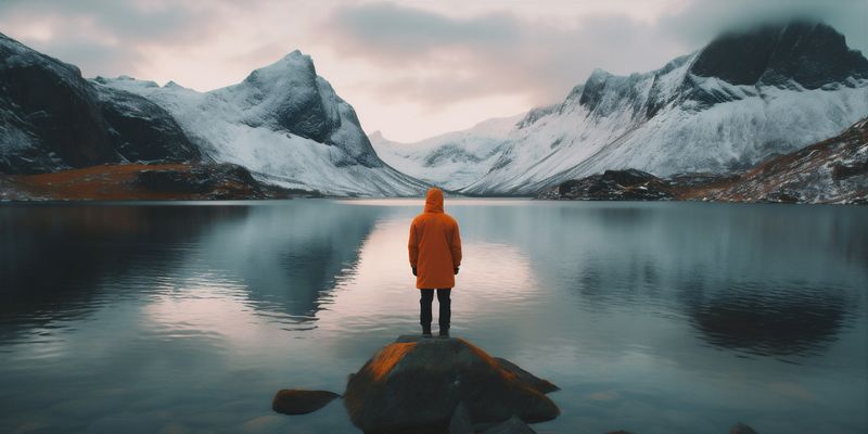 hiking man cloud mountain cape yellow nature lake water back travel. Generative AI.