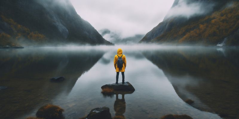 man mountain yellow water back scenery cape travel hiking nature lake. Generative AI.