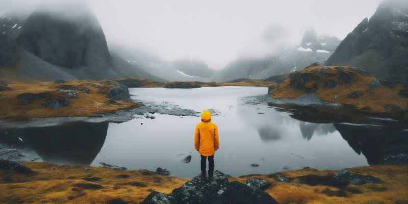 man yellow cape lake water mountain nature travel back tent hiking. Generative AI.