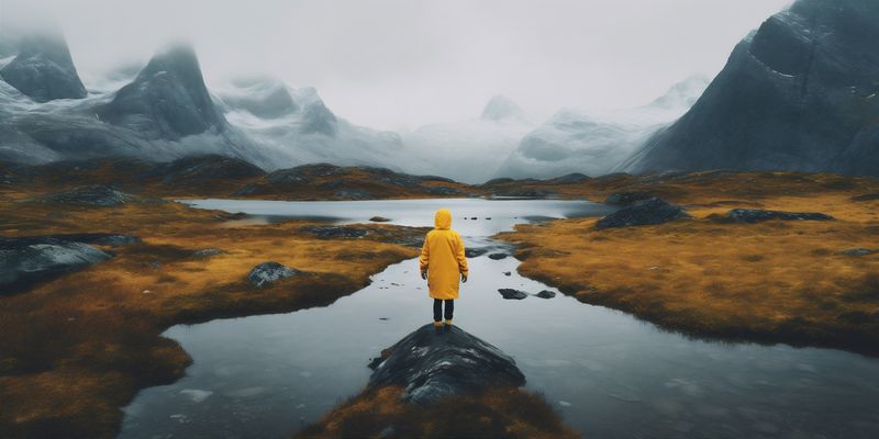 man travel cape nature back water yellow lake lifestyle mountain hiking. Generative AI.