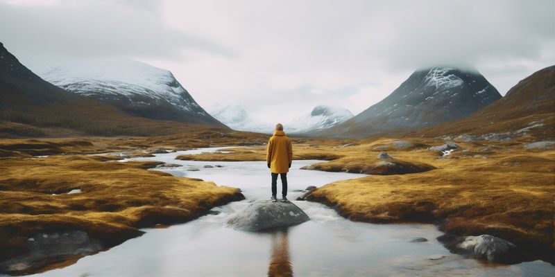 man cape water travel mountain nature yellow back lake hiking rock. Generative AI.