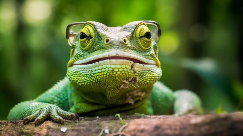 lizard scale wildlife iguana animal reptile portrait close-up green glasses. Generative AI.