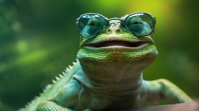 glasses animal close-up iguana lizard scale reptile wildlife green portrait. Generative AI.