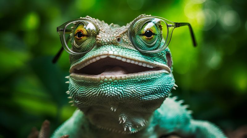 animal portrait scale wildlife reptile iguana lizard glasses close-up green. Generative AI.