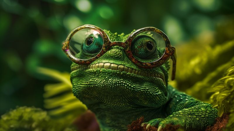 portrait glasses lizard animal reptile wildlife scale green iguana close-up. Generative AI.