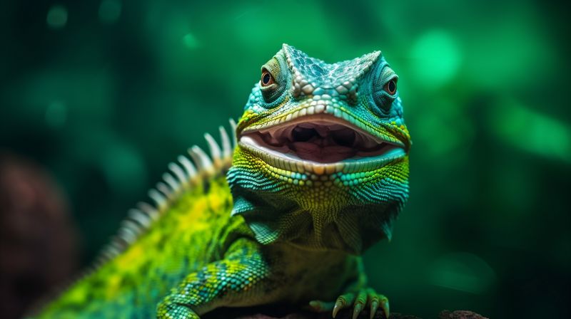 animal wildlife scale portrait iguana lizard green close-up reptile glasses. Generative AI.
