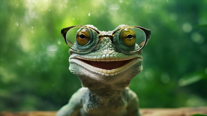 lizard glasses reptile close-up animal green iguana scale wildlife portrait. Generative AI.