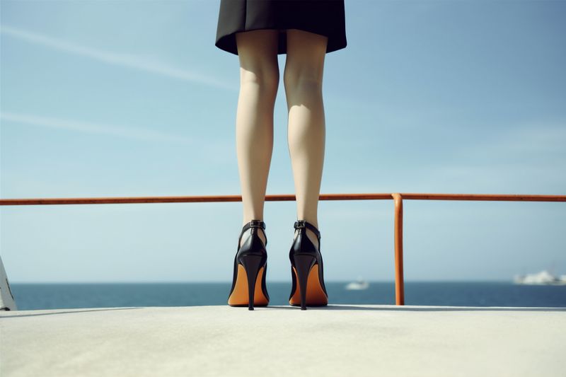 woman fashion beautiful colorful leg foot concept stylish shoe blue red. Generative AI.