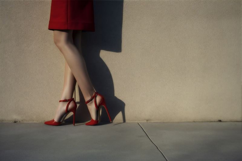 concept woman blue red colorful leg shoe foot beautiful slim fashion. Generative AI.