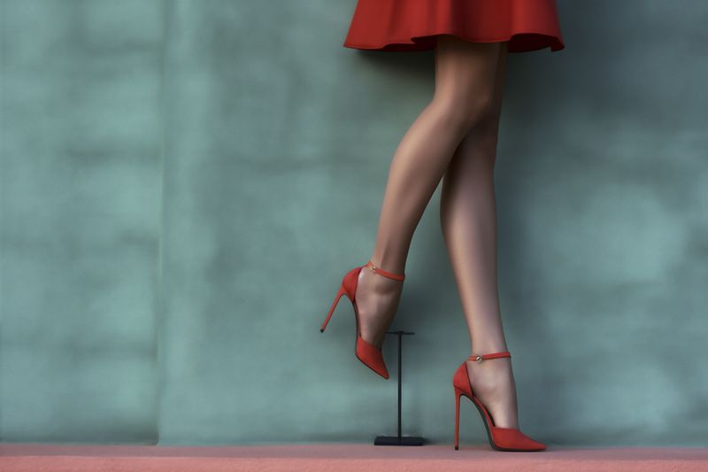 shoe woman foot fashion concept leg red young beautiful blue colorful. Generative AI.