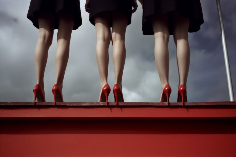 woman red beautiful fashion collection colorful concept blue leg foot shoe. Generative AI.