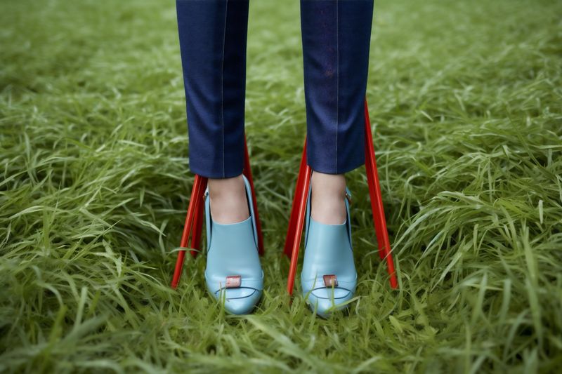 collection woman beautiful shoe leg concept foot fashion blue colorful red. Generative AI.
