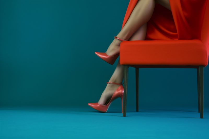 fashion woman concept colorful foot leg elegant red shoe blue beautiful. Generative AI.