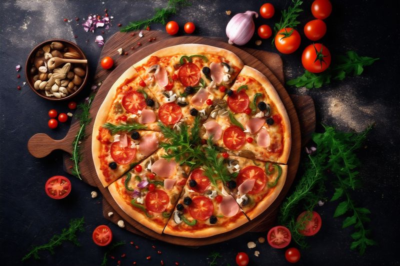 salami background pizza italian copy cheese black food food meal tomato space fast. Generative AI.