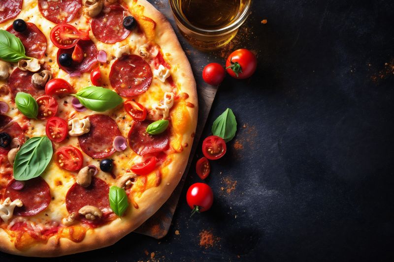 fast meal tomato cheese copy food pepper space pizza background black italian food. Generative AI.
