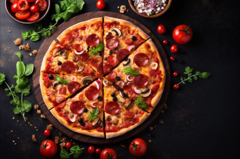 meal italian food food pizza cheese black fast space background copy baked tomato. Generative AI.