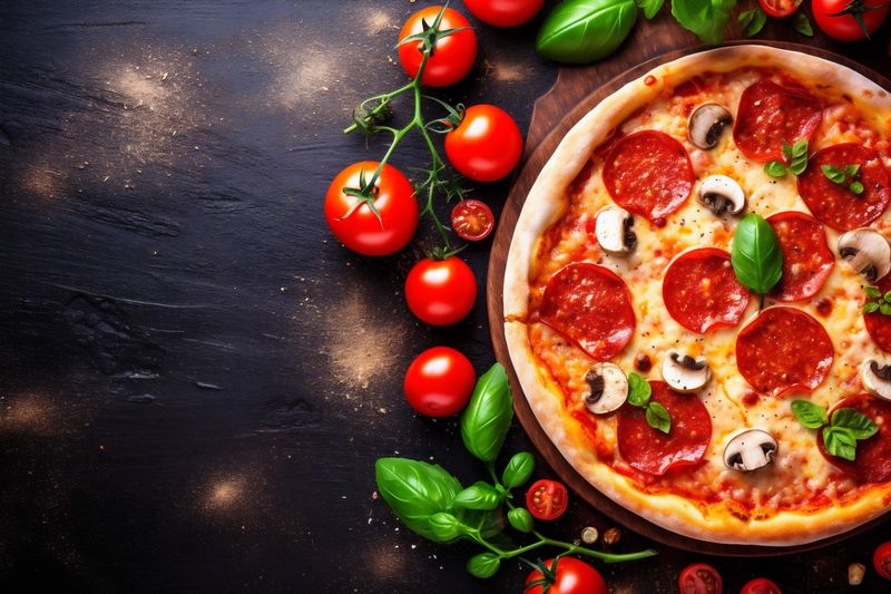 meal italian space cheese pizza food dinner black tomato background copy food fast. Generative AI.