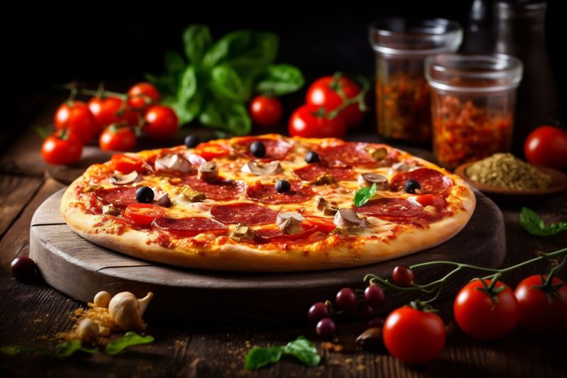 cheese background space italian food dinner food copy black meal fast pizza tomato. Generative AI.