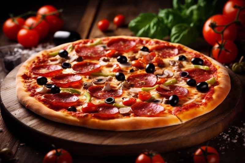 meal space baked fast background black italian food food copy cheese tomato pizza. Generative AI.