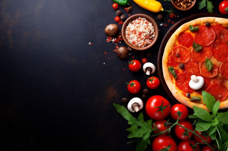 italian meal food tomato background food fast pizza black mediterranean space copy cheese. Generative AI.