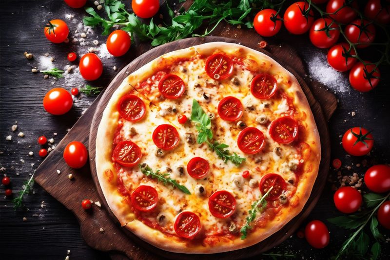 italian fast food tomato cheese pizza food meal copy restaurant background black space. Generative AI.