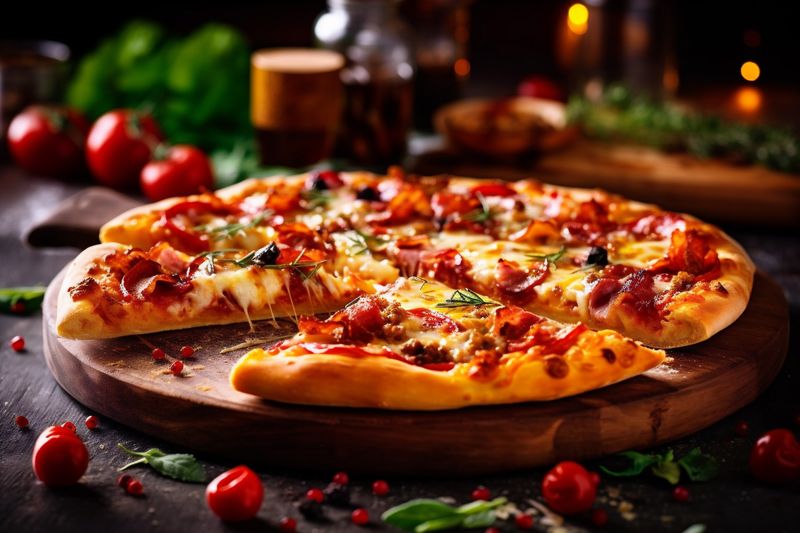 food fast background meal food closeup tomato italian space copy pizza black cheese. Generative AI.