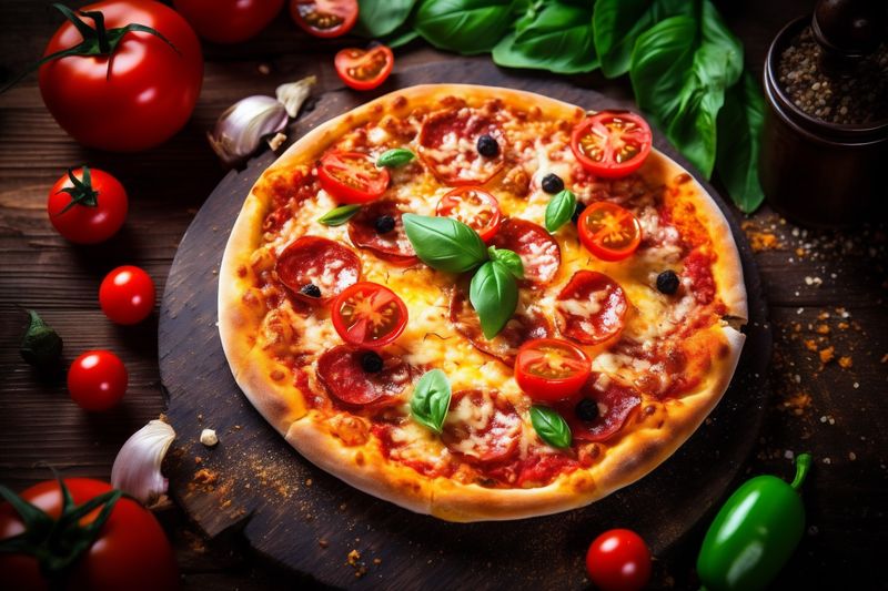 pizza meal fast food copy black italian dark cheese background tomato food space. Generative AI.