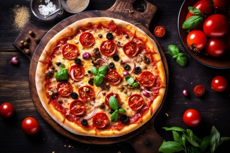 black background tasty space italian food cheese food copy tomato fast pizza meal. Generative AI.