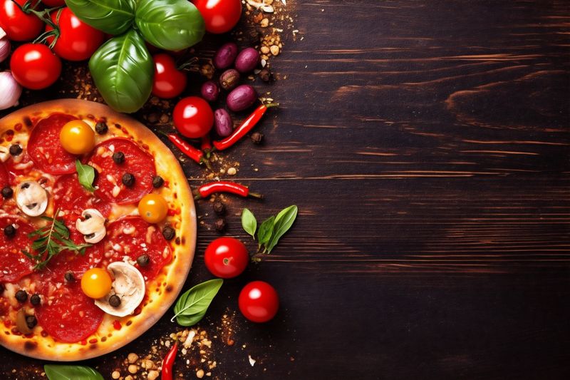 cheese food food meal fast copy pizza italian tomato table black space background. Generative AI.