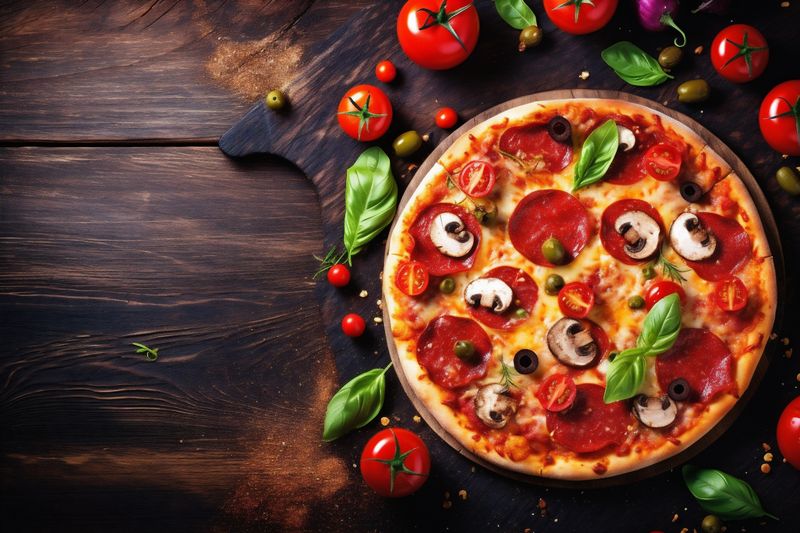 tomato pizza black fast food background food copy meal cheese italian salami space. Generative AI.