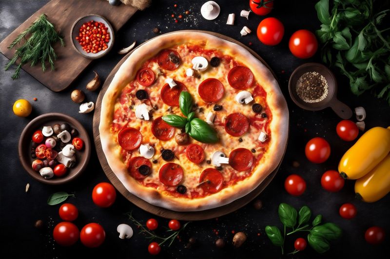 food space cheese restaurant meal fast food copy italian pizza tomato black background. Generative AI.