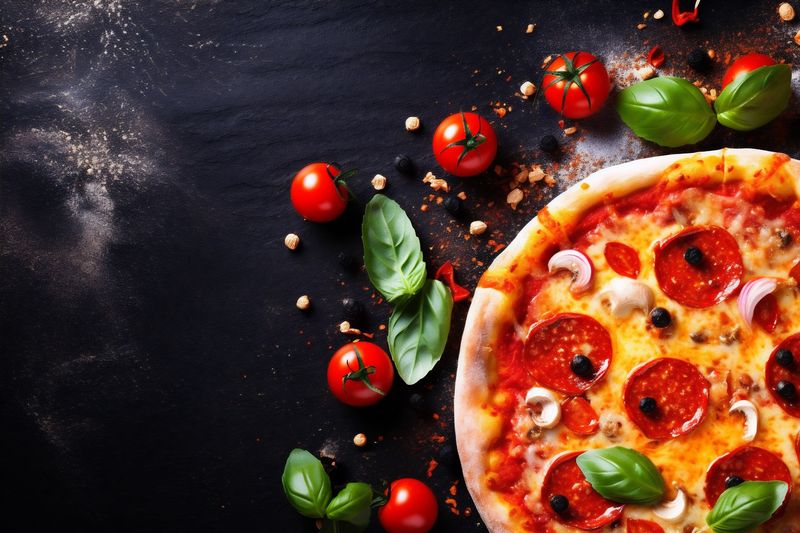 italian copy black background food fast meal space pizza sauce tomato food cheese. Generative AI.