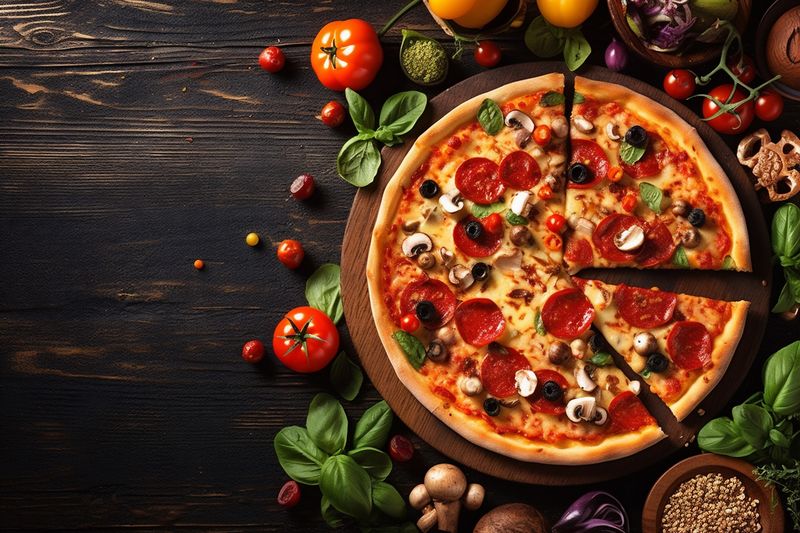 tomato background copy italian cheese food black space fast herb meal food pizza. Generative AI.