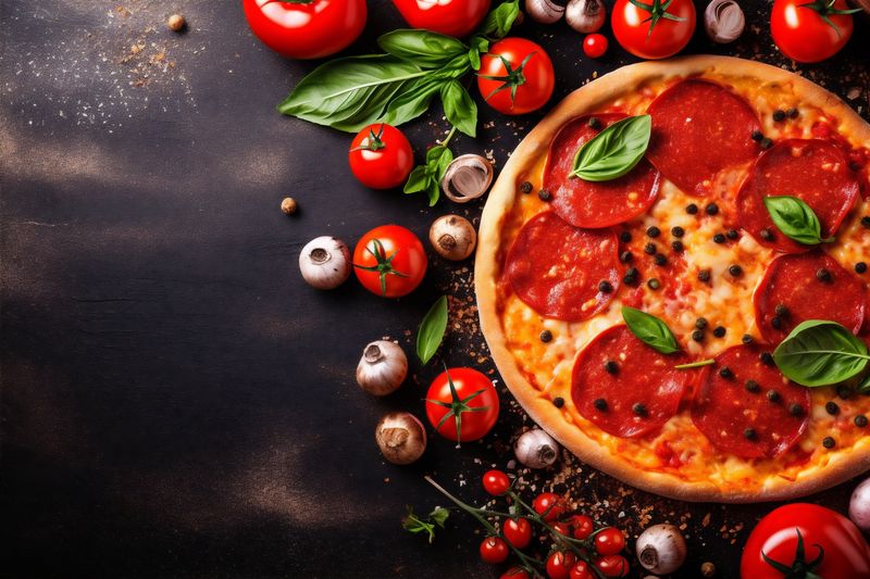 background meal tomato food black space copy cheese italian pizza traditional food fast. Generative AI.