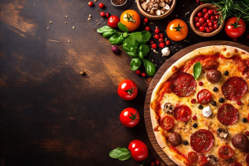 black background space cheese food tomato food fast meal copy delicious italian pizza. Generative AI.